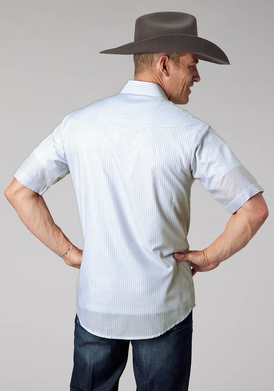 MENS LIGHT BLUE CHARCOAL WH STRIPE SHORT SLEEVE SNAP WESTERN SHIRT