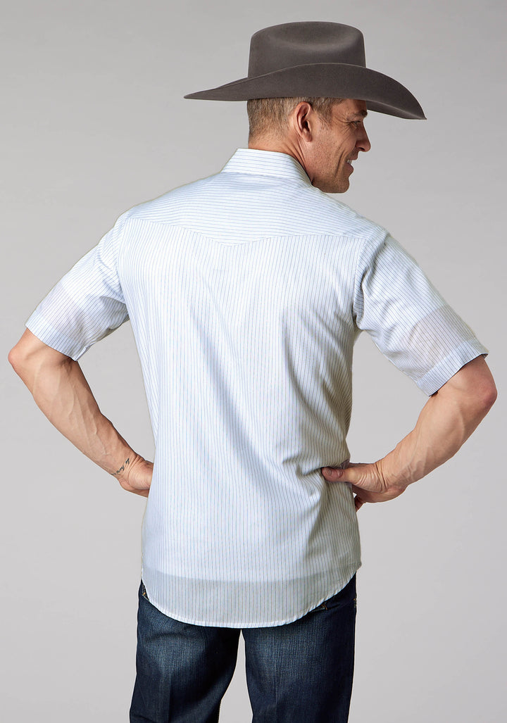 MENS LIGHT BLUE CHARCOAL WH STRIPE SHORT SLEEVE SNAP WESTERN SHIRT