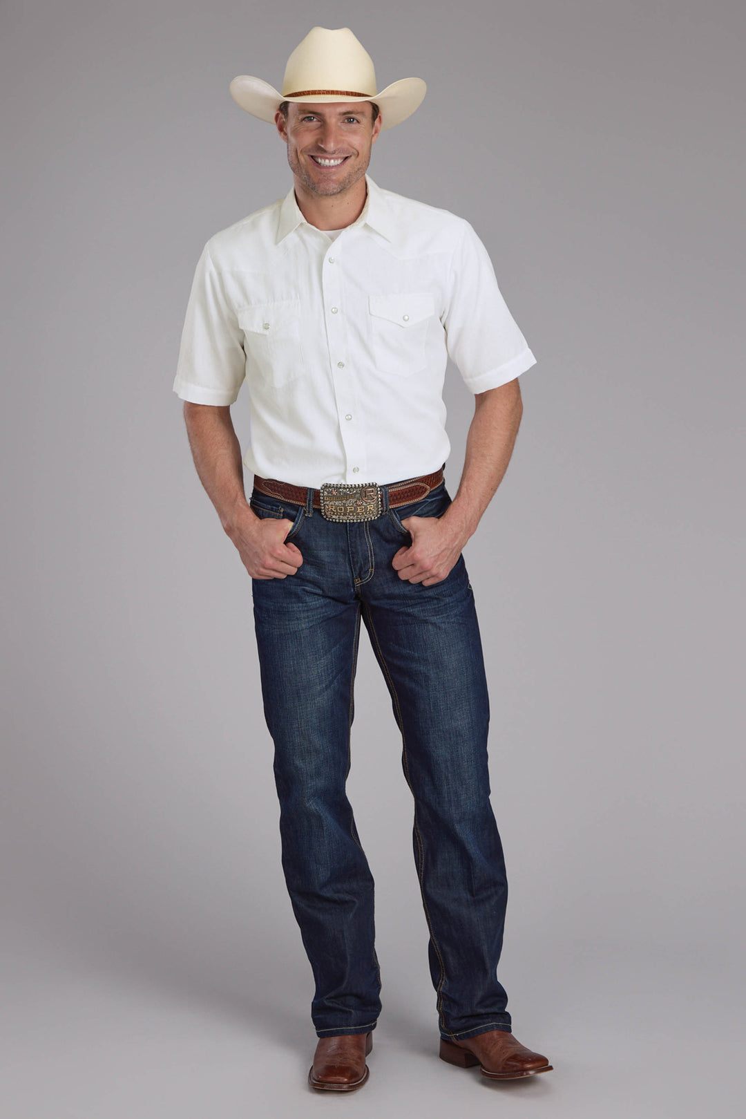 MENS A WHITE TONE ON TONE SHORT SLEEVE SNAP WESTERN SHIRT