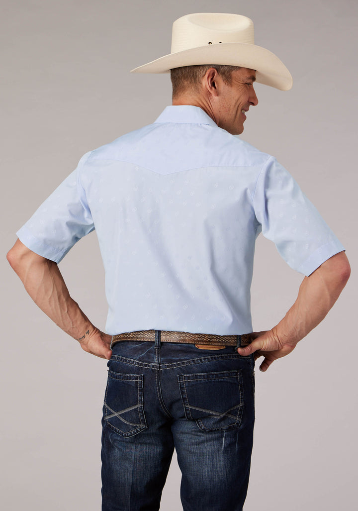 MENS LIGHT BLUE TONE ON TONE HORSESHOES SHORT SLEEVE SNAP WESTERN SHIRT