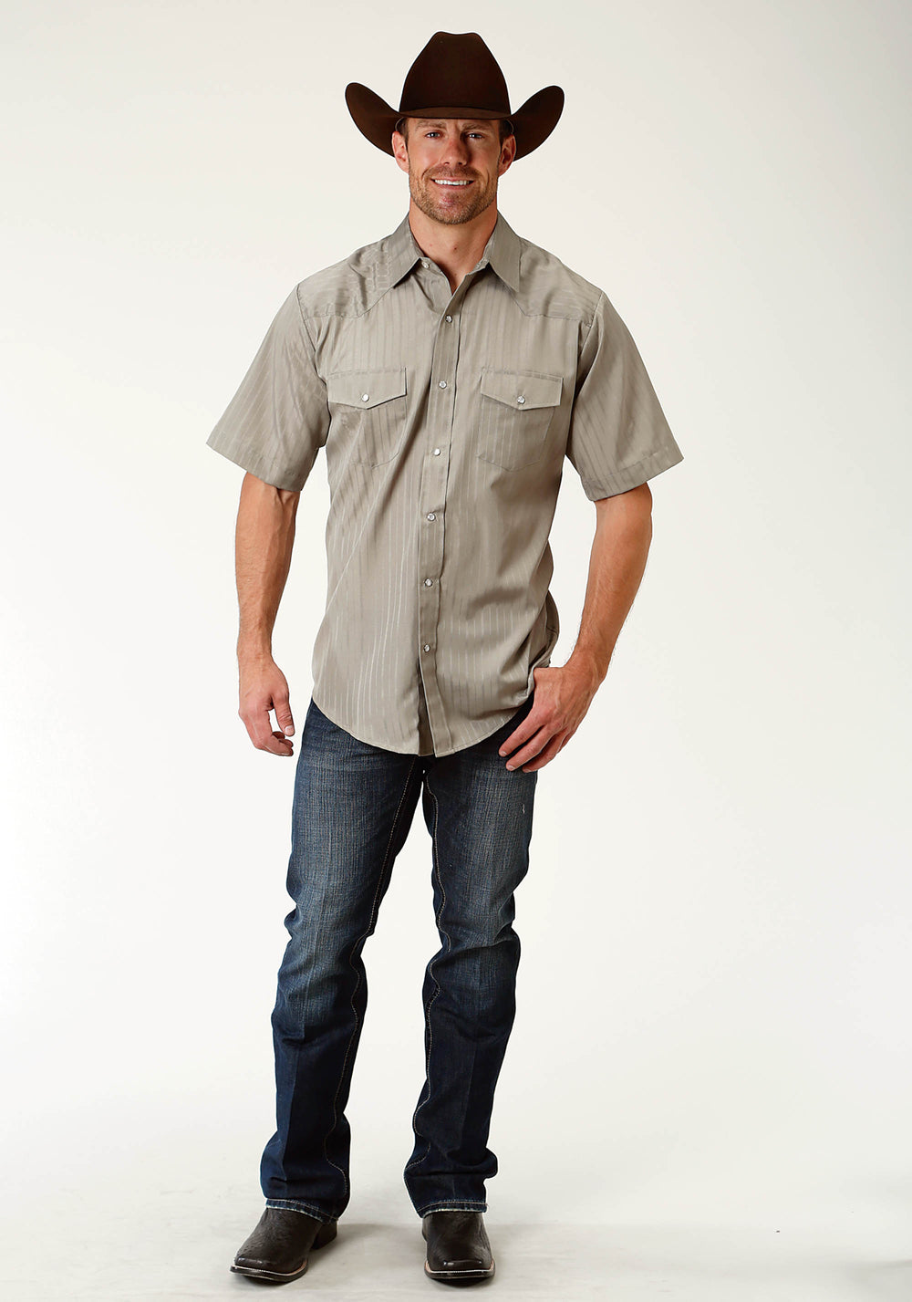 MENS GREEN TONE ON TON SHORT SLEEVE SNAP WESTERN SHIRT