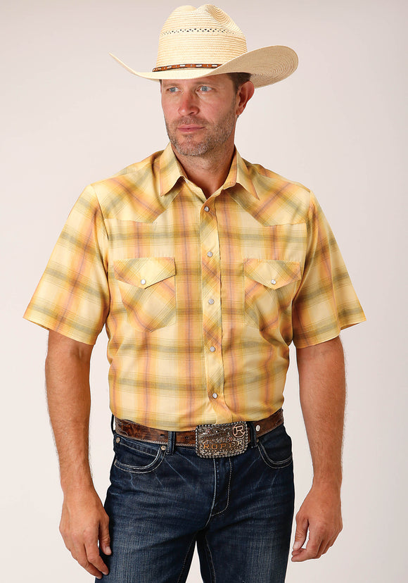 MENS SHORT SLEEVE SNAP YELLOW AND TANGERINE PLAID WESTERN SHIRT TALL FIT