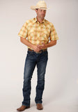 MENS SHORT SLEEVE SNAP YELLOW AND TANGERINE PLAID WESTERN SHIRT TALL FIT