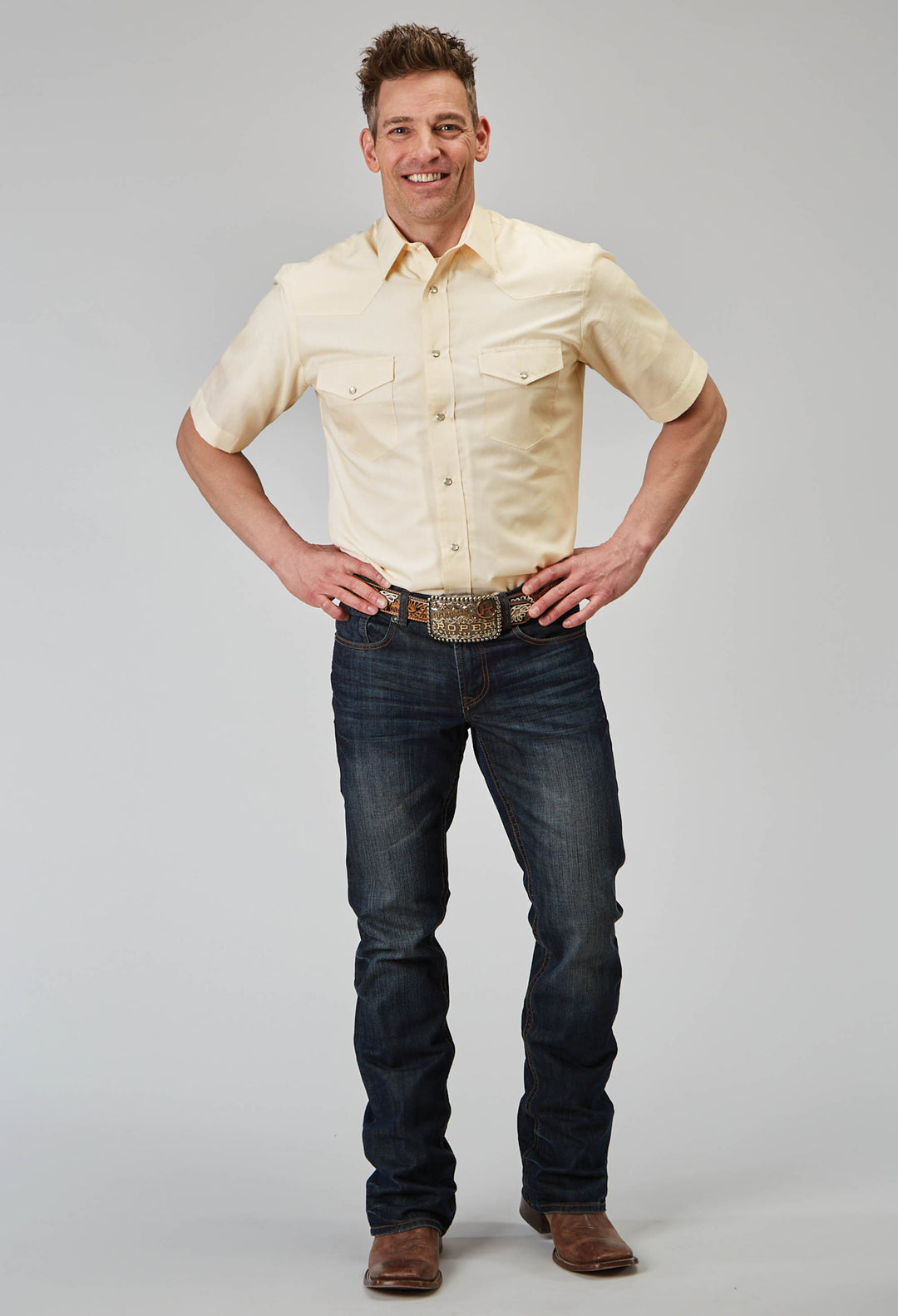 MENS SHORT SLEEVE SNAP CREAM TONAL STRIPE WESTERN SHIRT TALL FIT