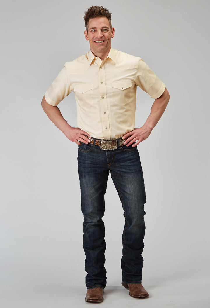MENS SHORT SLEEVE SNAP CREAM TONAL STRIPE WESTERN SHIRT TALL FIT
