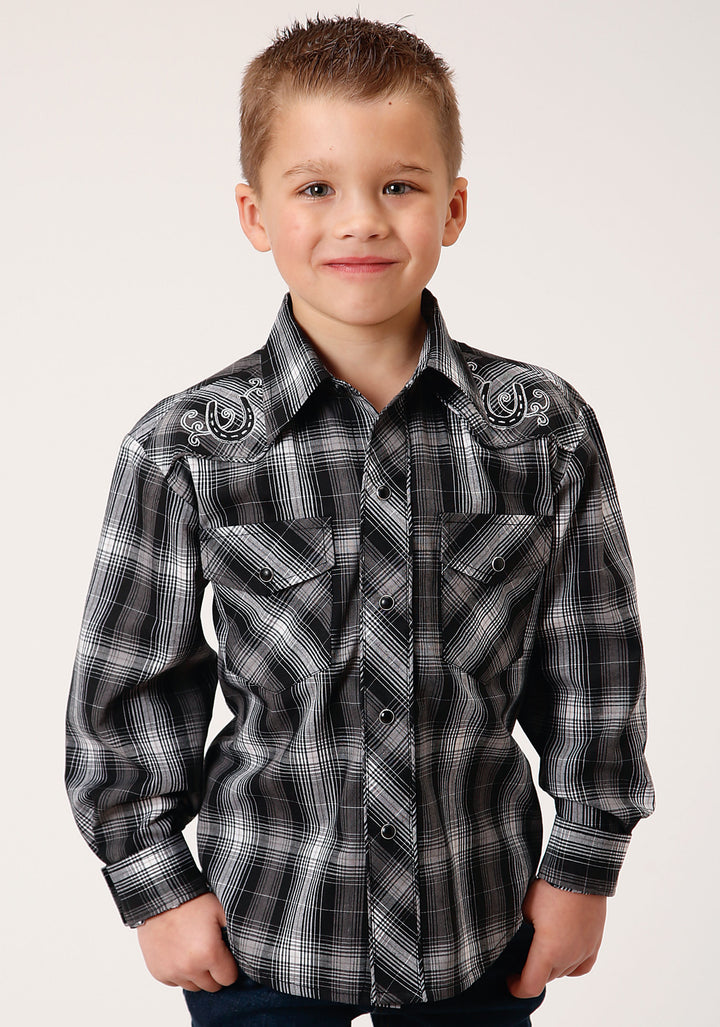 BOYS LONG SLEEVE SNAP BLACK AND WHITE PLAID WESTERN SHIRT