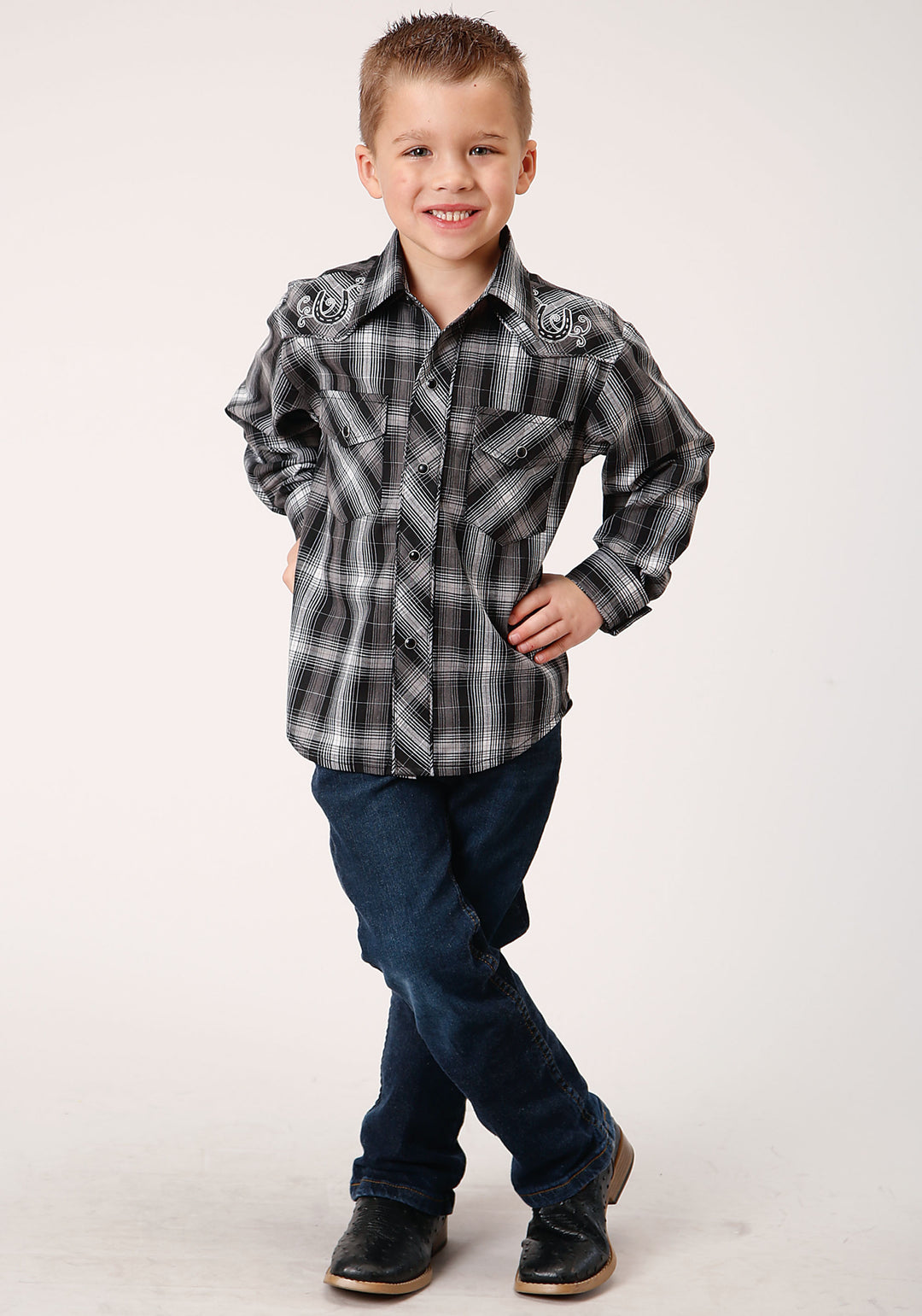 BOYS LONG SLEEVE SNAP BLACK AND WHITE PLAID WESTERN SHIRT