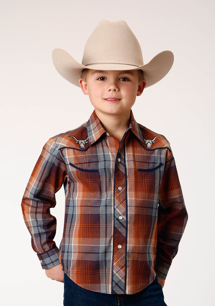 BOYS LONG SLEEVE SNAP BROWN NAVY CREAM PLAID WESTERN SHIRT WITH PIPING AND EMBROIDERY ON YOKES