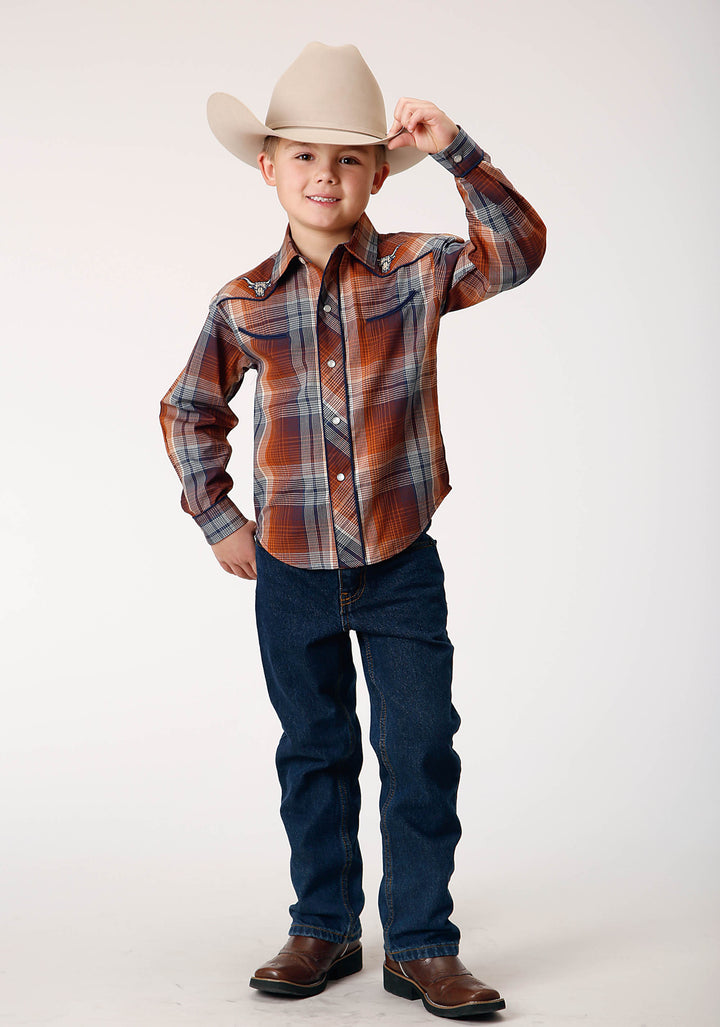 BOYS LONG SLEEVE SNAP BROWN NAVY CREAM PLAID WESTERN SHIRT WITH PIPING AND EMBROIDERY ON YOKES