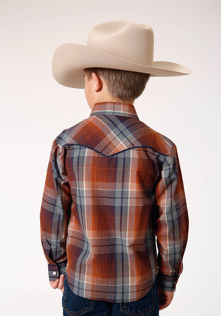 BOYS LONG SLEEVE SNAP BROWN NAVY CREAM PLAID WESTERN SHIRT WITH PIPING AND EMBROIDERY ON YOKES