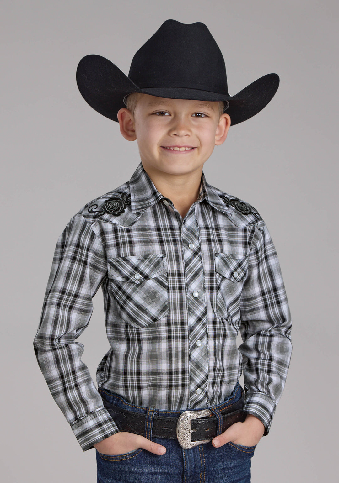 BOYS GRAY BLACK AND WHITE PLAID LONG SLEEVE SNAP WESTERN SHIRT