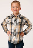 BOYS LONG SLEEVE SNAP BLACK KHAKI WHITE PLAID WESTERN SHIRT WITH PIPING AND EMBROIDERY ON YOKES