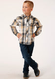 BOYS LONG SLEEVE SNAP BLACK KHAKI WHITE PLAID WESTERN SHIRT WITH PIPING AND EMBROIDERY ON YOKES