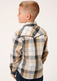 BOYS LONG SLEEVE SNAP BLACK KHAKI WHITE PLAID WESTERN SHIRT WITH PIPING AND EMBROIDERY ON YOKES