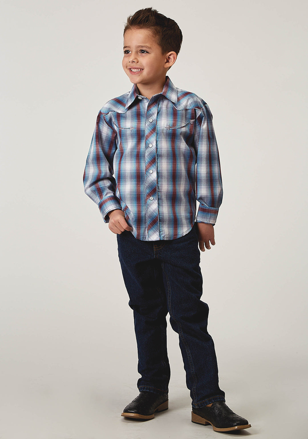 BOYS LONG SLEEVE SNAP AMERICANA PLAID WESTERN SHIRT WITH EMBROIDERY ON BACK YOKES SMILE POCKETS