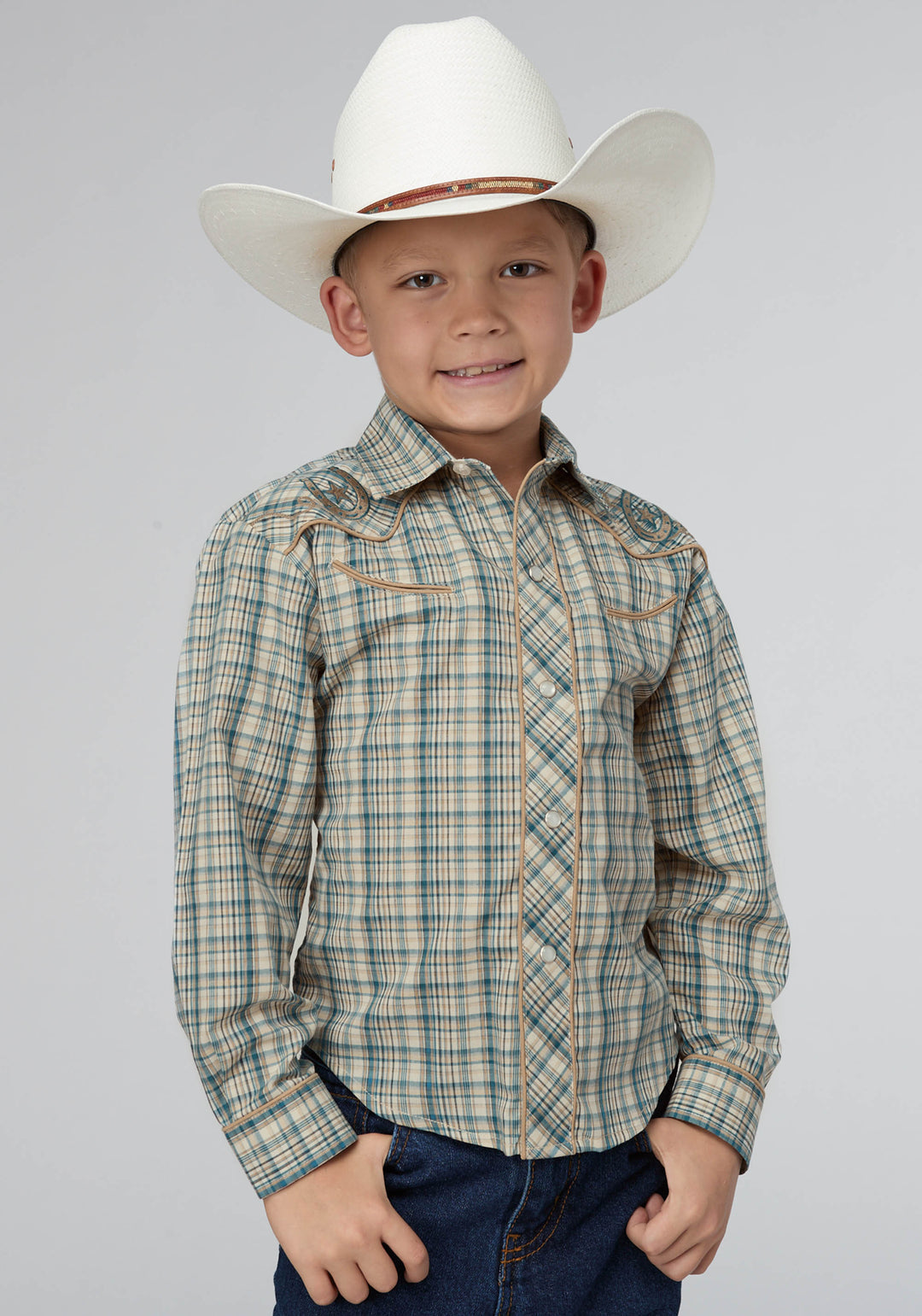 BOYS CREAM TEAL AND TAN PLAID LONG SLEEVE SNAP WESTERN SHIRT
