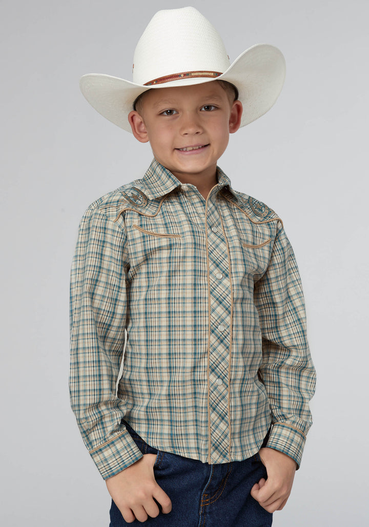 BOYS CREAM TEAL AND TAN PLAID LONG SLEEVE SNAP WESTERN SHIRT