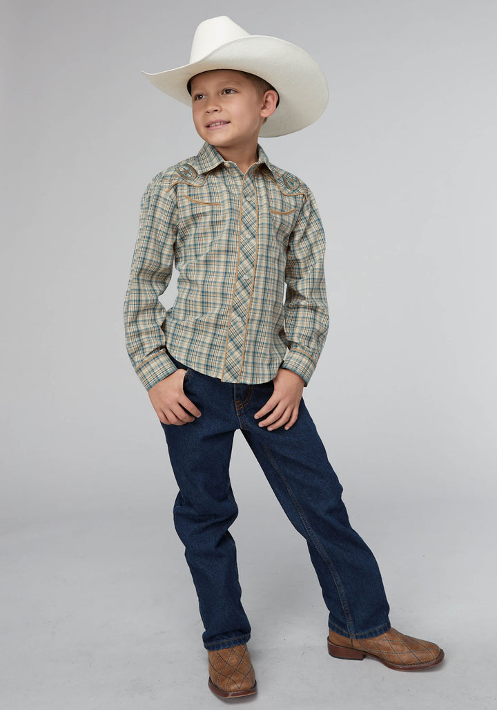 BOYS CREAM TEAL AND TAN PLAID LONG SLEEVE SNAP WESTERN SHIRT