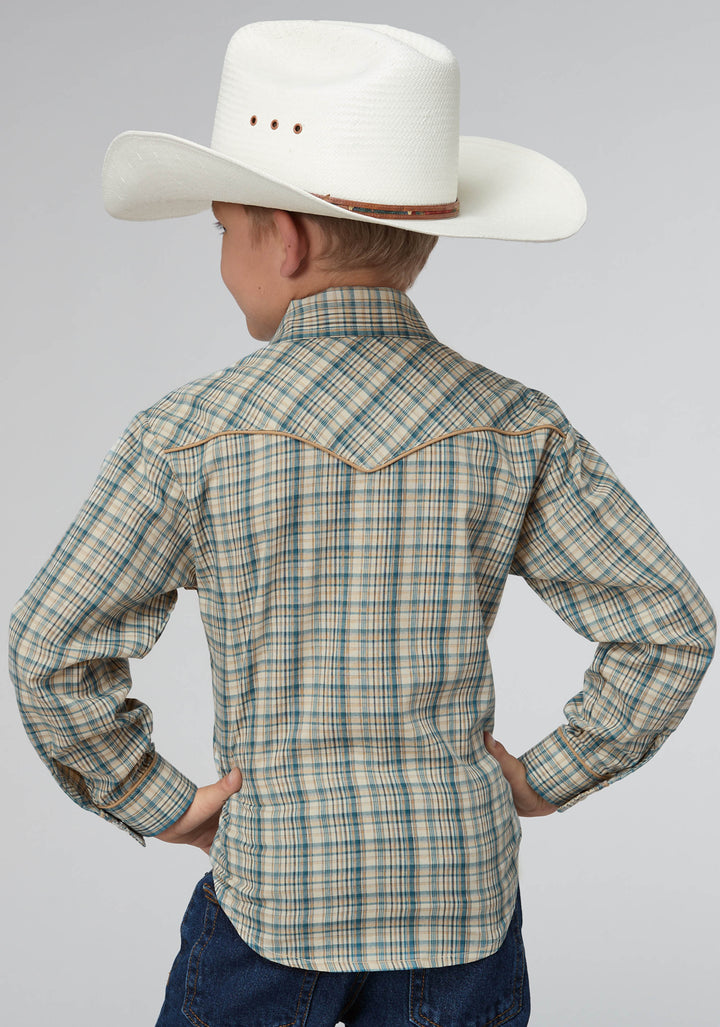 BOYS CREAM TEAL AND TAN PLAID LONG SLEEVE SNAP WESTERN SHIRT