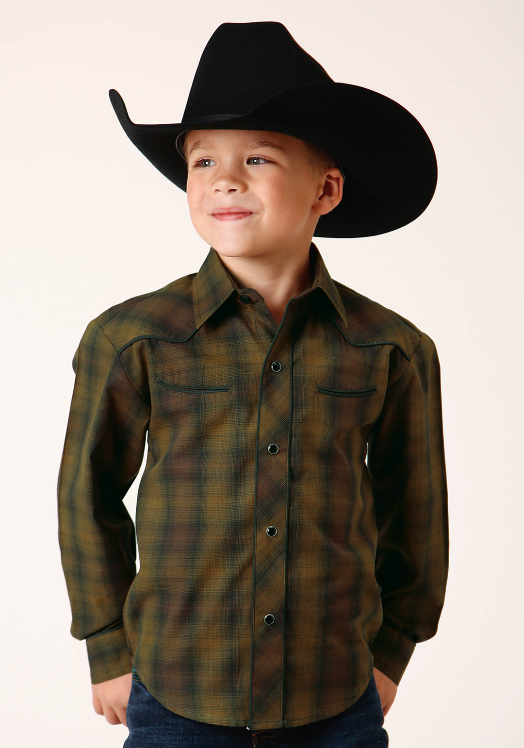 Roper Boys Long Sleeve Snap Black Gold Plaid Western Shirt - XL Roper Boys Long Sleeve Snap Black Gold Plaid Western Shirt - XL