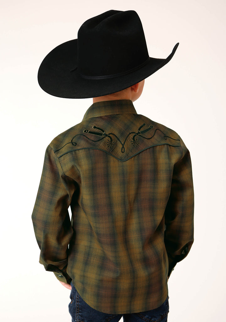 BOYS LONG SLEEVE SNAP BLACK GOLD PLAID WESTERN SHIRT