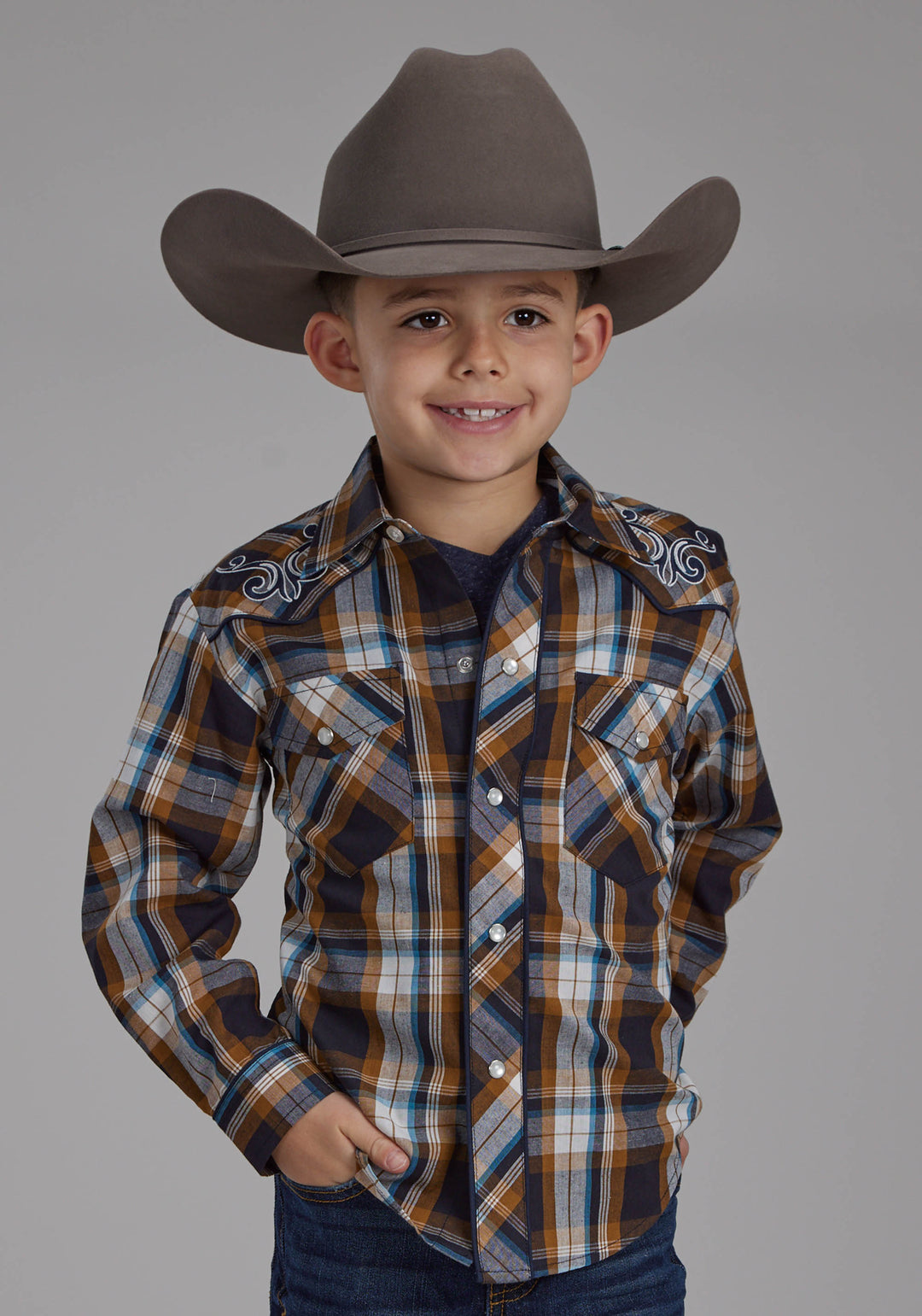 BOYS CARAMEL NAVY CREAM AND TEAL PLAID LONG SLEEVE SNAP WESTERN SHIRT