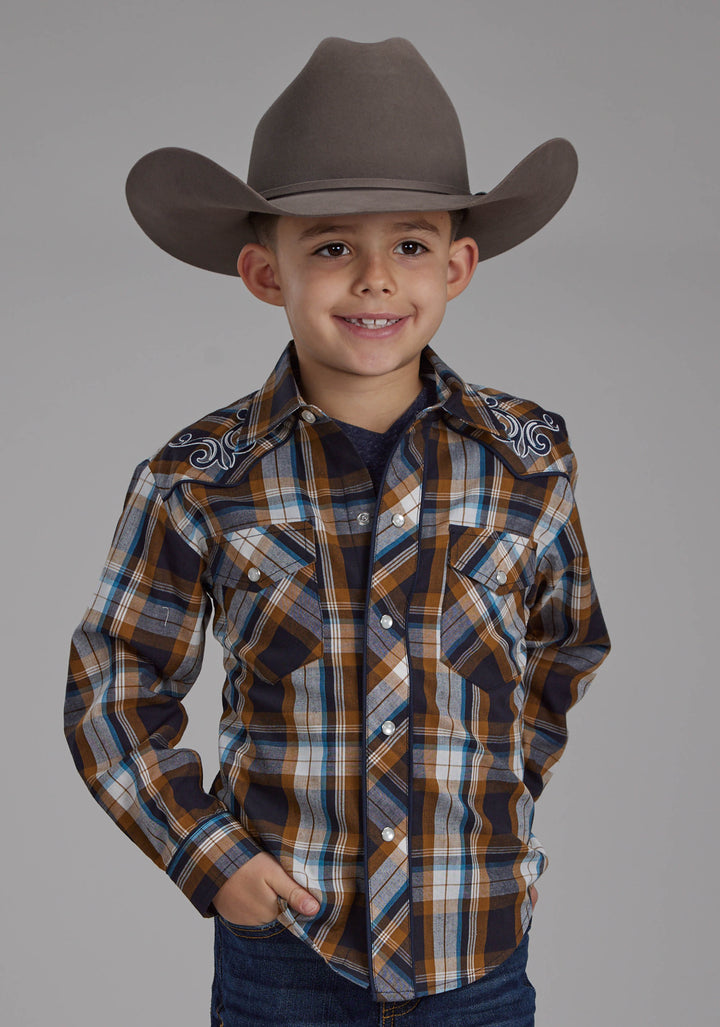 BOYS CARAMEL NAVY CREAM AND TEAL PLAID LONG SLEEVE SNAP WESTERN SHIRT