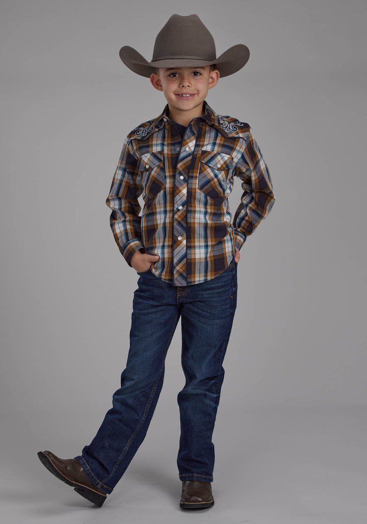 BOYS CARAMEL NAVY CREAM AND TEAL PLAID LONG SLEEVE SNAP WESTERN SHIRT