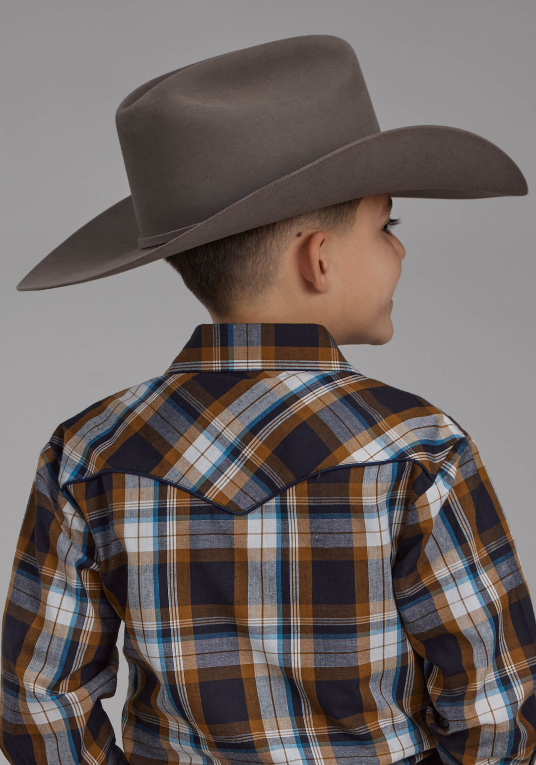 BOYS CARAMEL NAVY CREAM AND TEAL PLAID LONG SLEEVE SNAP WESTERN SHIRT