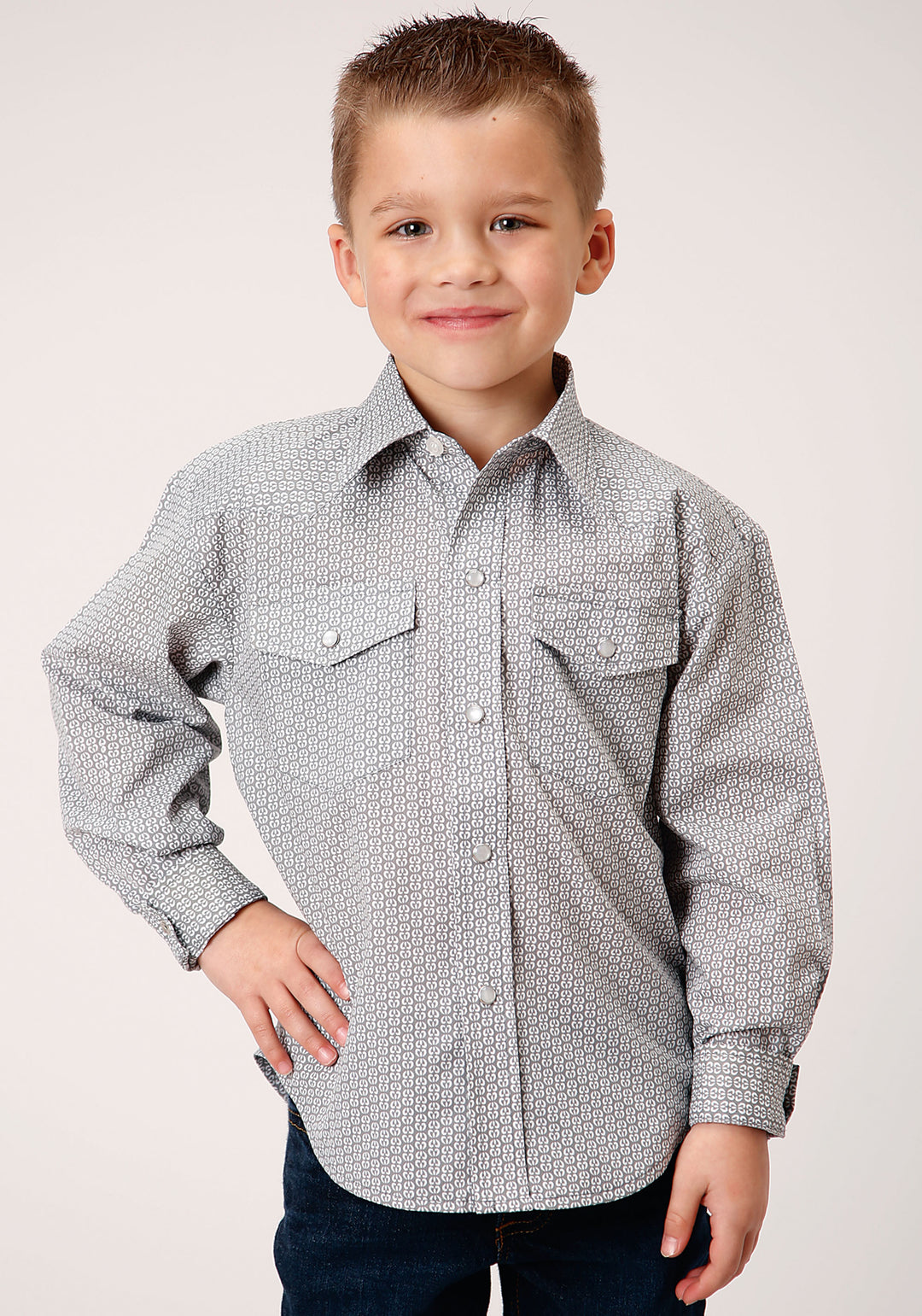BOYS LONG SLEEVE SNAP GREY AND WHITE PRINT WESTERN SHIRT
