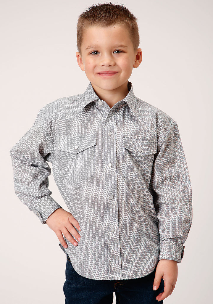 BOYS LONG SLEEVE SNAP GREY AND WHITE PRINT WESTERN SHIRT