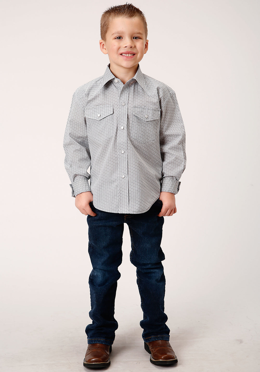 BOYS LONG SLEEVE SNAP GREY AND WHITE PRINT WESTERN SHIRT