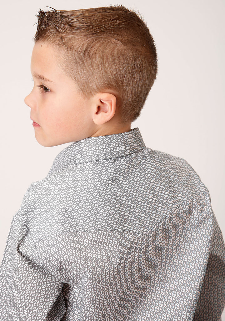 BOYS LONG SLEEVE SNAP GREY AND WHITE PRINT WESTERN SHIRT