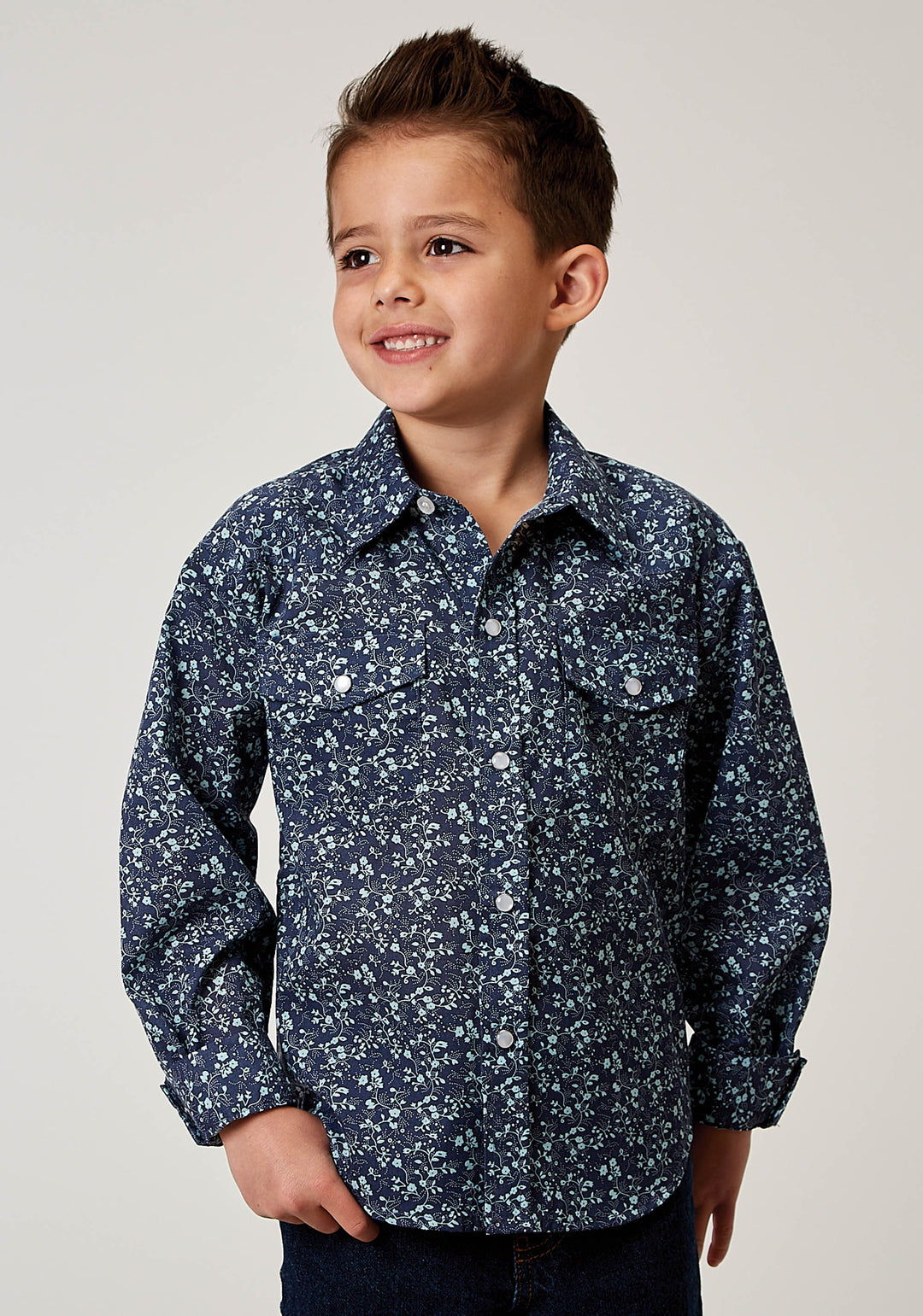 BOYS LONG SLEEVE SNAP DITSY FLORAL PRINT WESTERN SHIRT
