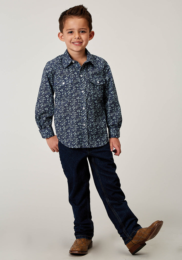 BOYS LONG SLEEVE SNAP DITSY FLORAL PRINT WESTERN SHIRT