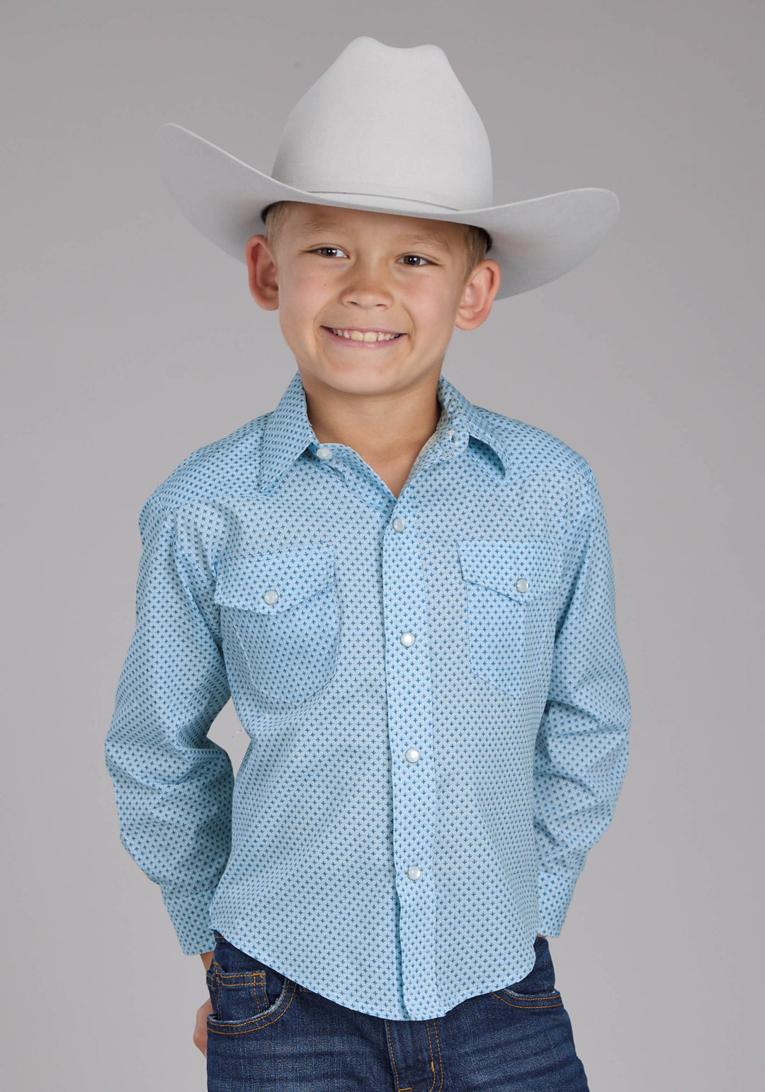BOYS BLUE MINI CROSS PRINT LONG SLEEVE SNAP WESTERN SHIRT