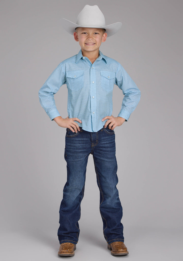 BOYS BLUE MINI CROSS PRINT LONG SLEEVE SNAP WESTERN SHIRT