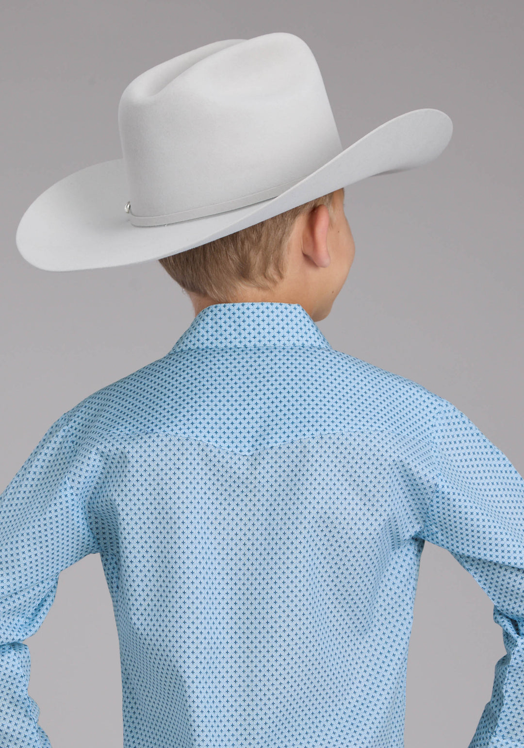 BOYS BLUE MINI CROSS PRINT LONG SLEEVE SNAP WESTERN SHIRT