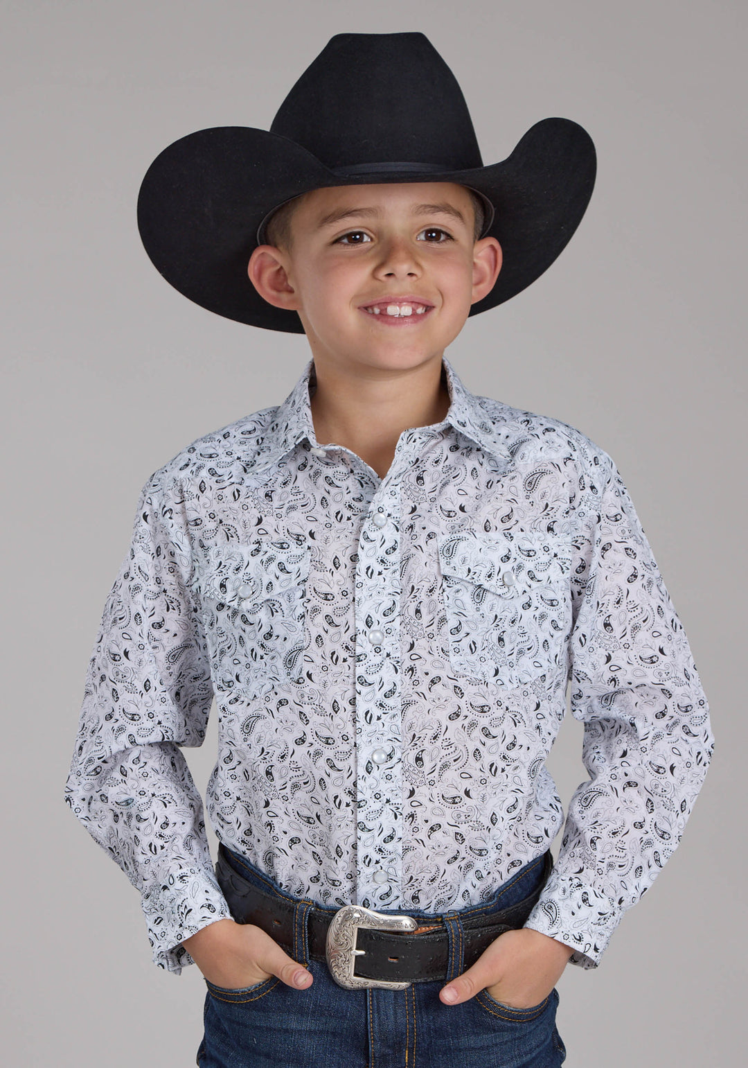 BOYS WHITE AND BLACK PAISLEY PRINT LONG SLEEVE SNAP WESTERN SHIRT