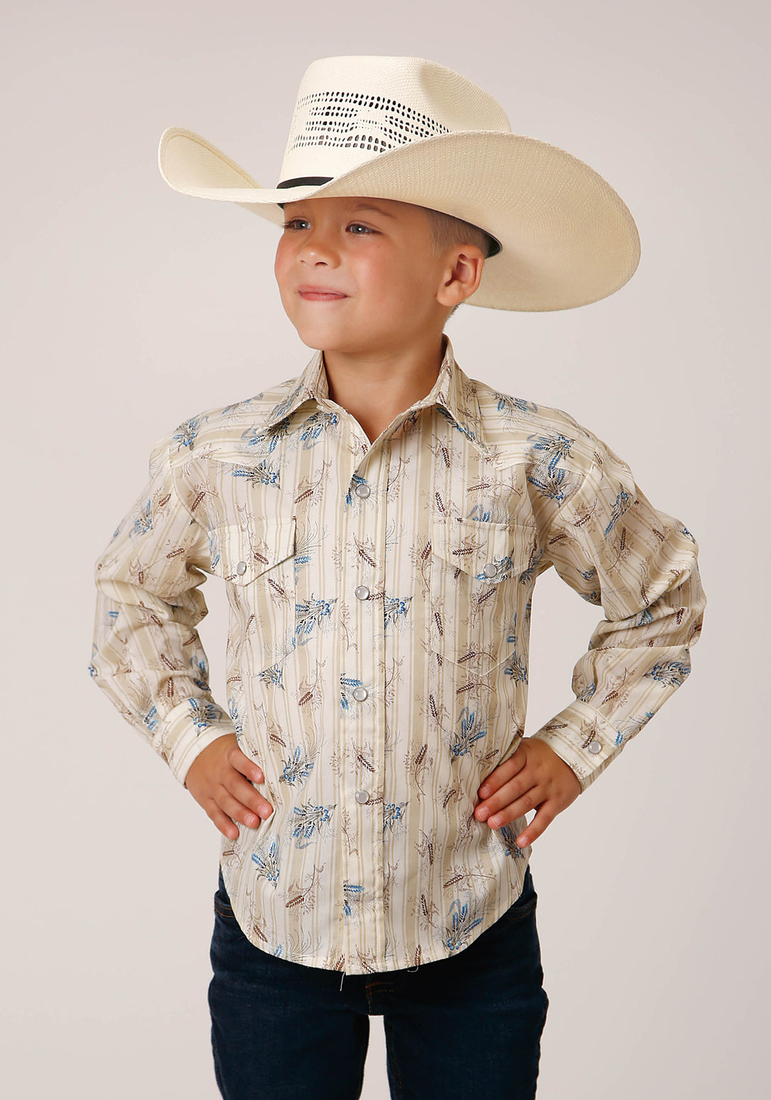 BOYS LONG SLEEVE SNAP VINTAGE WHEAT PRINT WESTERN SHIRT