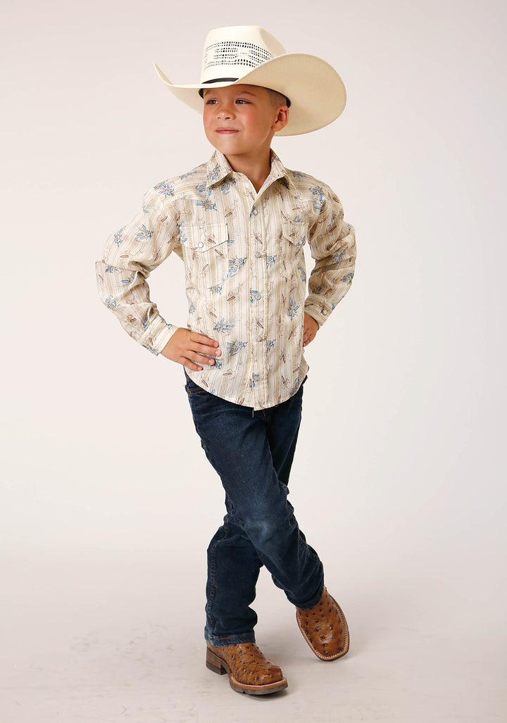 BOYS LONG SLEEVE SNAP VINTAGE WHEAT PRINT WESTERN SHIRT