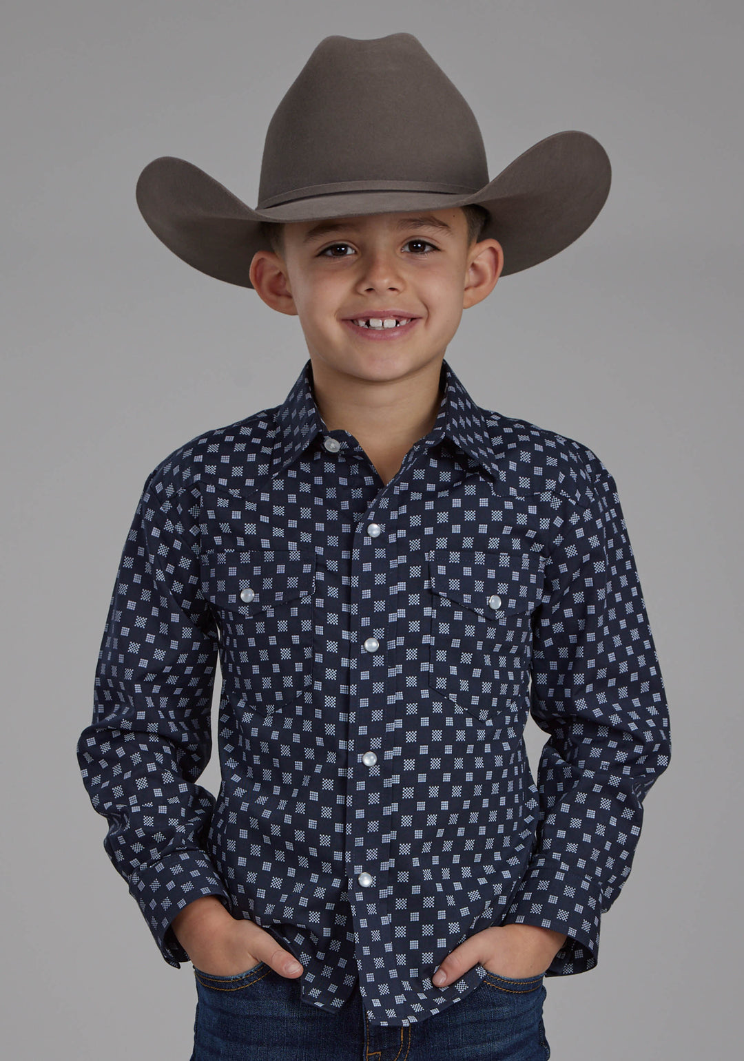 BOYS NAVY AND WHITE SQUARES LONG SLEEVE SNAP WESTERN SHIRT