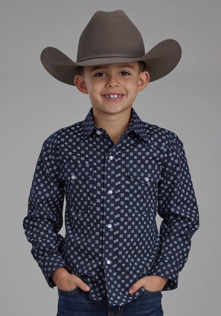BOYS NAVY AND WHITE SQUARES LONG SLEEVE SNAP WESTERN SHIRT
