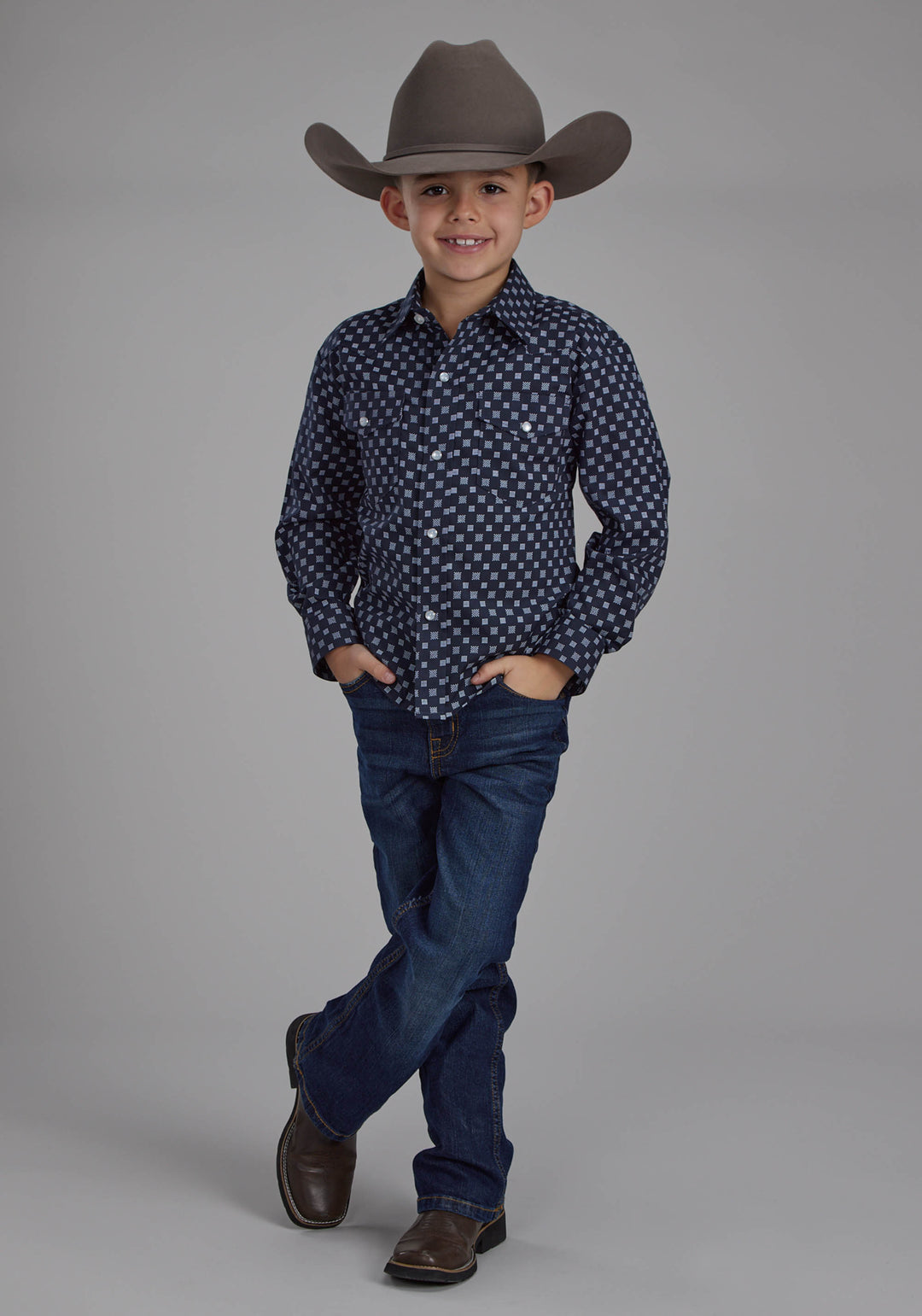 BOYS NAVY AND WHITE SQUARES LONG SLEEVE SNAP WESTERN SHIRT