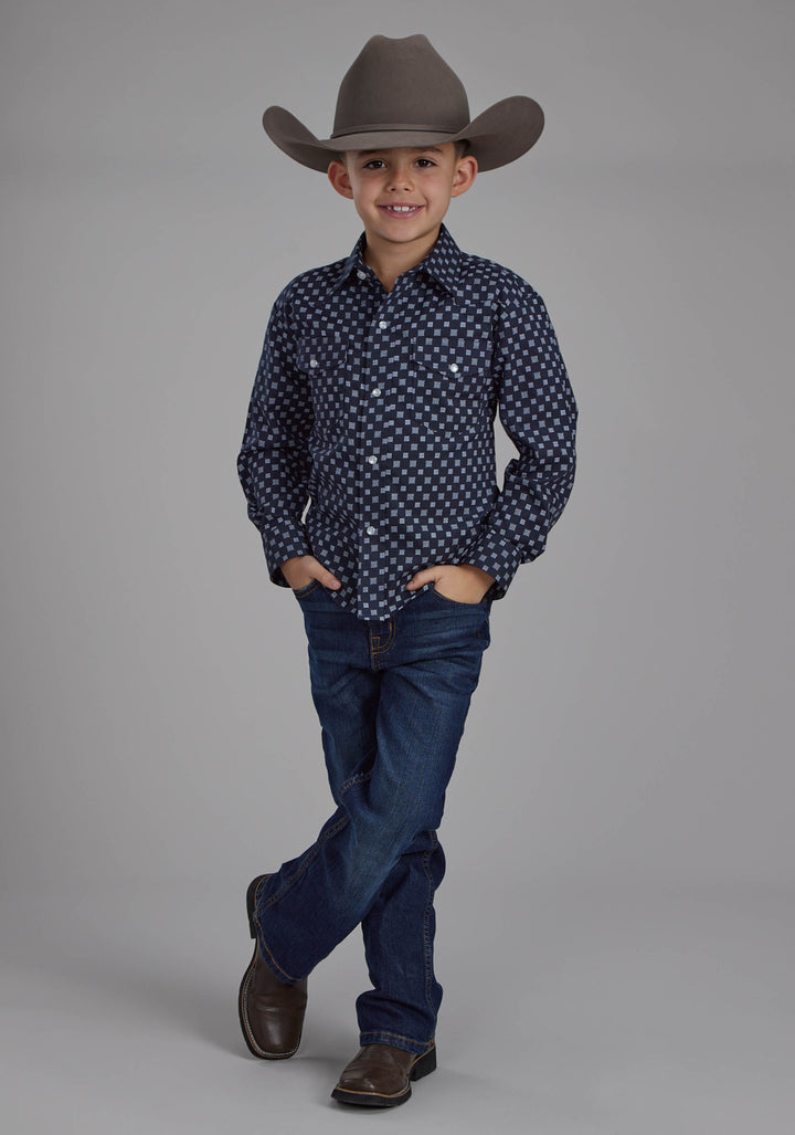 BOYS NAVY AND WHITE SQUARES LONG SLEEVE SNAP WESTERN SHIRT