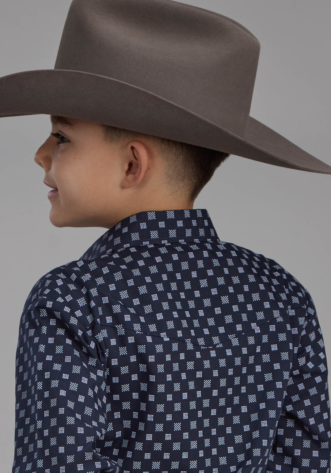 BOYS NAVY AND WHITE SQUARES LONG SLEEVE SNAP WESTERN SHIRT