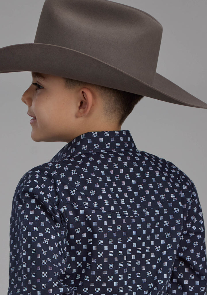 BOYS NAVY AND WHITE SQUARES LONG SLEEVE SNAP WESTERN SHIRT