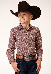 BOYS LONG SLEEVE SNAP RED AND CREAM VINTAGE FLORAL PRINT WESTERN SHIRT