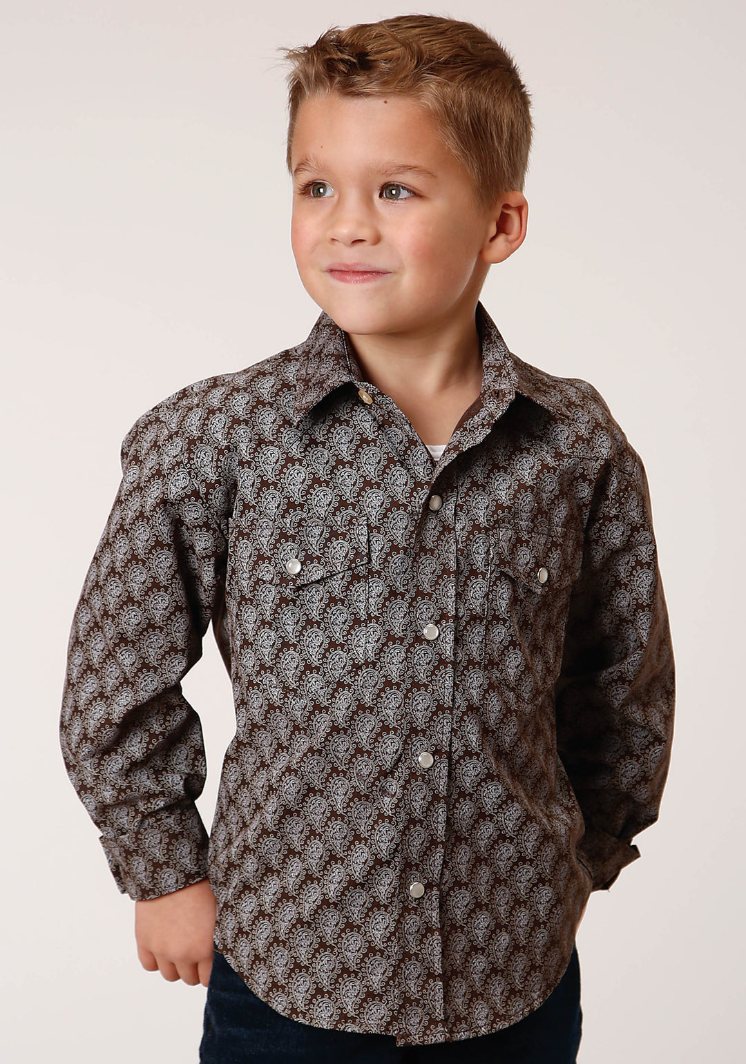 BOYS LONG SLEEVE SNAP CHOCOLATE AND CREAM TEAR DROP PRINT WESTERN SHIRT