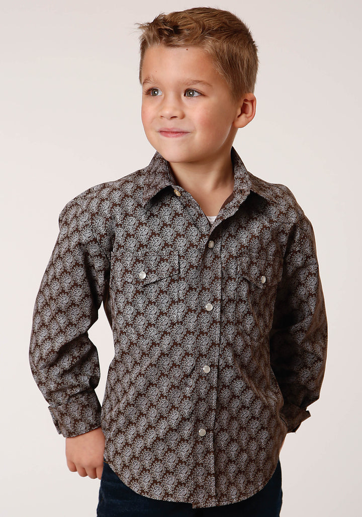BOYS LONG SLEEVE SNAP CHOCOLATE AND CREAM TEAR DROP PRINT WESTERN SHIRT
